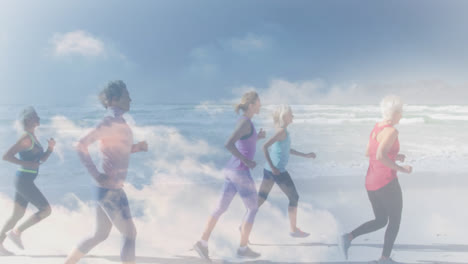 Animation-of-glowing-light-over-happy-senior-women-running-by-seaside