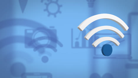 Animation-of-wifi-and-computer-digital-icons-on-blue-background