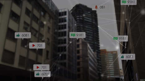 Animation-Des-Netzwerks-Von-Verbindungen-Mit-Social-Media-Symbolen-über-Dem-Stadtbild