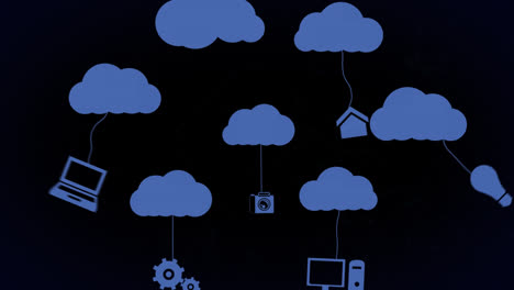 Animation-Von-Blauen-Wolken-Mit-Hängenden-Mediensymbolen-Auf-Schwarzem-Hintergrund