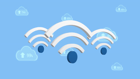 Animation-of-wifi-icons-and-digital-clouds-with-arrow-and-percent-growing-on-blue-background