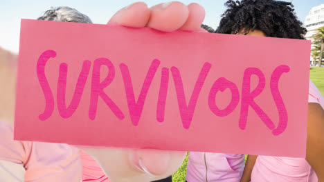 Animation-of-pink-ribbon-logo-with-survivor-text-over-diverse-group-of-smiling-women