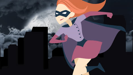 Digital-animation-of-female-superhero-icon-over-tall-buildings-against-moon-in-night-sky