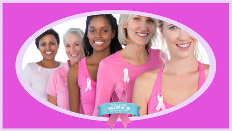 Animation-of-pink-ribbon-logo-and-breast-cancer-text-over-group-of-diverse-group-of-women
