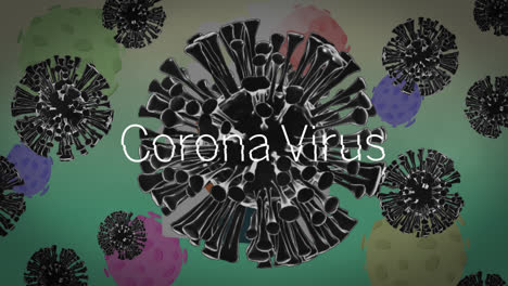 Coronavirus-Text-über-Mehreren-Covid-19-Zellen,-Die-Vor-Einem-Grünen-Hintergrund-Mit-Farbverlauf-Schweben