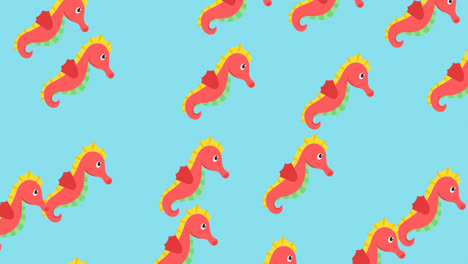 Animation-of-rows-of-red-seahorses-on-blue-background