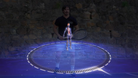 Animation-Des-Menschlichen-Körpers-Und-Sich-Drehender-Zielfernrohre-über-Einem-Männlichen-Tennisspieler