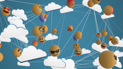 Múltiples-Emojis-De-Caras-Flotando-Contra-Una-Red-De-Iconos-De-Nubes-Contra-Un-Fondo-Azul