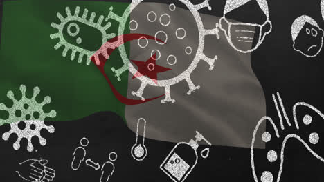 Animation-Von-Covid-19-Viruszellen-Und-Digitalen-Symbolen-über-Der-Flagge-Algeriens