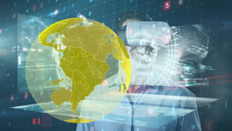 Animation-Der-Datenverarbeitung-Und-Globus-Mann-Mit-VR-Headset-Und-Warnung-Vor-Cyberangriffen