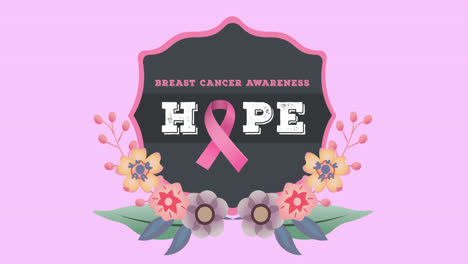 Animation-of-pink-ribbon-logo-and-breast-cancer-text-with-flowers-on-pink