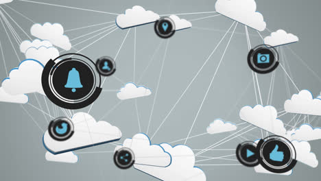 Multiple-digital-icons-floating-against-network-of-cloud-icons-against-grey-background
