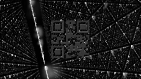Digitale-Animation-Eines-Leuchtenden-Neongrünen-QR-Codes-Vor-Reihen-Wechselnder-Zahlen-Auf-Schwarzem-Hintergrund