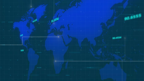 Lichtspuren-Und-Mehrere-Wechselnde-Zahlen-Auf-Der-Weltkarte-Auf-Blauem-Hintergrund