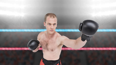 Animation-of-caucasian-male-boxer-on-boxing-ring-over-spotlights