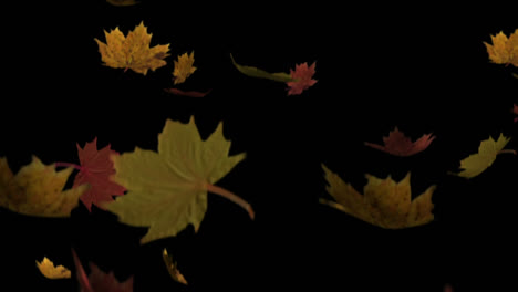 Animation-of-multiple-green-leaves-falling-over-black-background