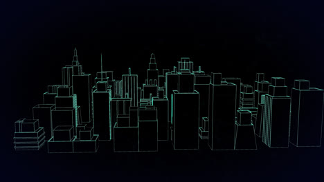 Animation-of-3d-cityscape-spinning-over-networks-of-connections-on-black-background