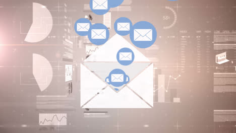 Animation-of-floating-email-envelope-icons-and-data-processing-on-interface-screens