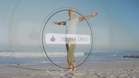 Animation-of-speech-bubble-with-thumbs-up-and-numbers-of-likes-over-smiling-senior-woman-on-beach