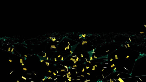 Animation-of-gold-confetti-falling-over-network-of-connections,-on-black-background