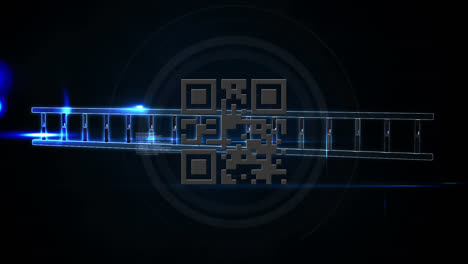 Digitale-Animation-Eines-Leuchtenden-QR-Codes-Vor-DNA-Struktur-Und-Datenverarbeitung-Auf-Schwarzem-Hintergrund