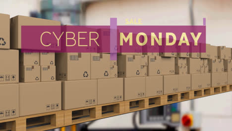 Animation-of-cyber-monday-text-over-cardboard-boxes-on-conveyor-belt-in-warehouse
