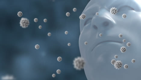 Digitale-Animation-Mehrerer-Covid-19-Zellen,-Die-Vor-Blauem-Hintergrund-über-Einem-Menschlichen-Gesichtsmodell-Schweben