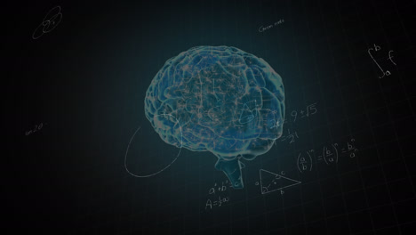 Animation-Mathematischer-Gleichungen-über-Einem-Digitalen-Modell-Des-Menschlichen-Gehirns-Auf-Schwarzem-Hintergrund