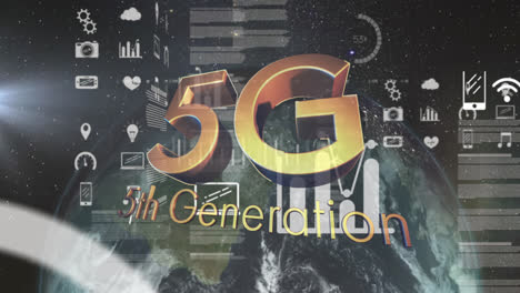 5g-text-and-multiple-digital-icons-floating-against-spinning-globe-on-black-background