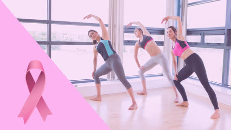 Animation-of-pink-ribbon-logo-over-diverse-group-of-women-practicing-yoga