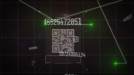 Light-trails-and-multiple-changing-numbers-over-qr-code-scanner-against-black-background