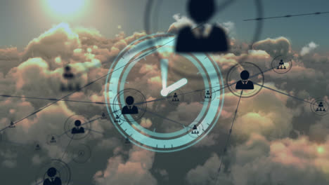 Animation-Eines-Verbindungsnetzwerks-Mit-Personensymbolen-über-Der-Uhr