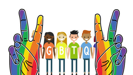 Rainbow-colored-hand-peace-signs-over-diverse-humans-with-lgbtq-text-on-their-t-shirts-holding-hands