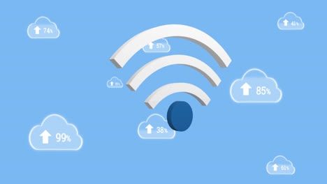 Animation-of-wifi-icon-and-digital-clouds-with-percent-growing-on-blue-background