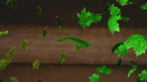 Animation-of-multiple-green-leaves-falling-over-brown-background