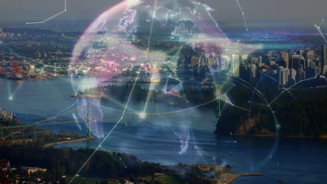 Animation-of-network-of-connections-with-globe-over-cityscape