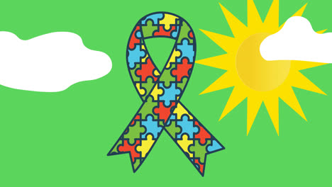 Animation-of-ribbon-formed-with-autism-awareness-puzzles-over-clouds-and-sun-on-green-sky