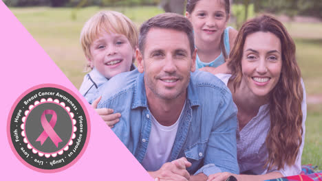Animation-of-pink-ribbon-logo-with-breast-cancer-text-over-smiling-family-outdoors