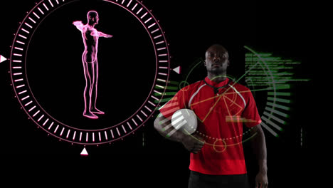 Animación-Del-Cuerpo-Humano-Girando,-Procesamiento-De-Datos-Y-Escaneo-De-Alcance-Sobre-Un-Jugador-De-Rugby.