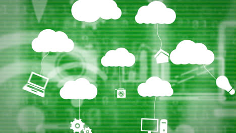 Animation-of-online-icons-and-digital-clouds-with-electronic-devices-on-green-background