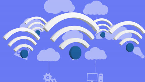 Animation-of-wifi-icons-and-digital-clouds-with-electronic-devices-on-blue-background