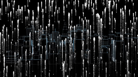 Animation-of-white-light-trails-over-3d-drawing-of-city-on-black-background