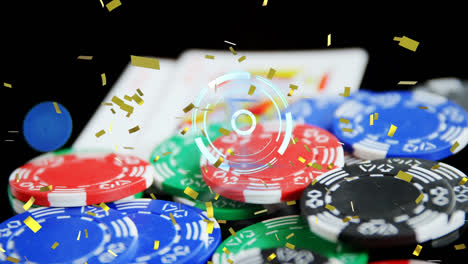 Animation-of-confetti-falling,-scope-scanning-over-casino-chips-and-cards
