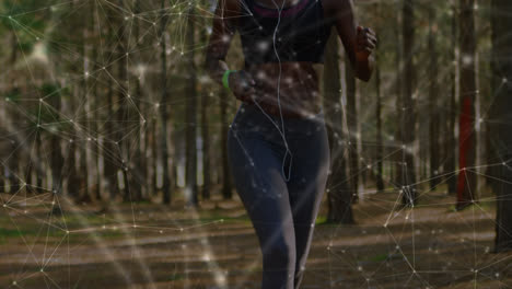 Animation-of-network-of-connections-over-woman-running-exercising-in-forest