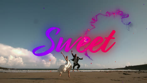 Animation-of-sweet-text-over-just-married-couple-on-the-beach