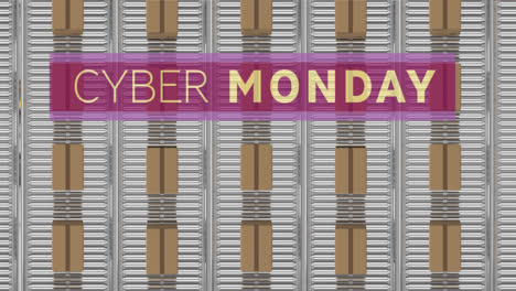 Animation-Von-Cyber-Monday-Text-über-Kartons-Auf-Förderbändern