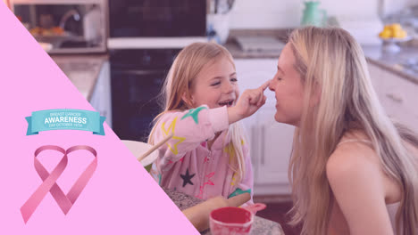 Animation-Des-Pink-Ribbon-Logos-Mit-Brustkrebs-Text-über-Einer-Lächelnden-Mutter-Und-Tochter-Im-Innenbereich
