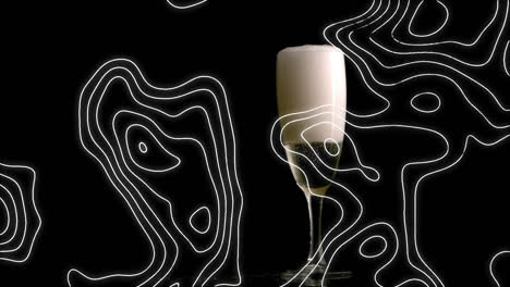 Animation-of-white-contour-lines-moving-over-champagne-glass-on-black-background