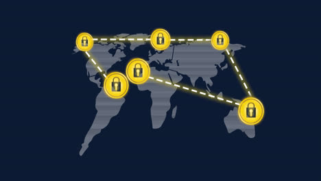 Animation-of-network-with-yellow-padlock-icons-over-world-map-on-blue-background