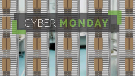 Animation-Des-Cyber-Monday-Textes-über-Kartons-Auf-Förderbändern-Im-Lager